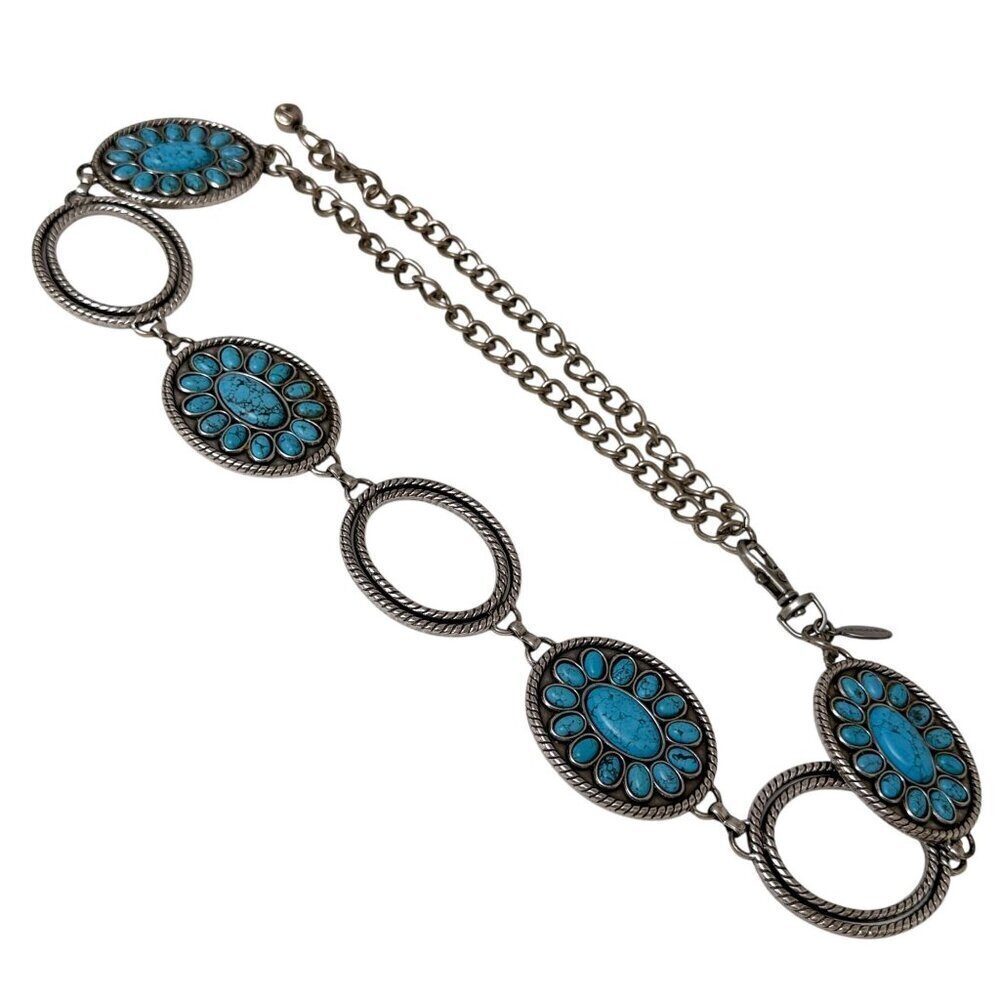 Chico's Link Belt Faux Turquoise Medallion Silvertone Chain Western Concho
